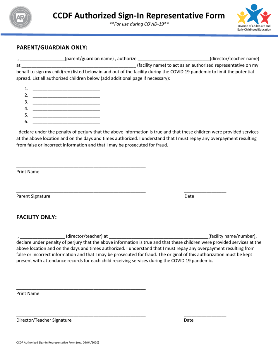 Ccdf Authorized Sign-In Representative Form - Arkansas, Page 1