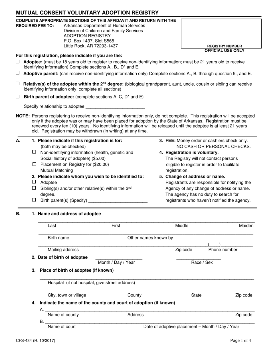 Form CFS-434 Mutual Consent Voluntary Adoption Registry - Arkansas, Page 1