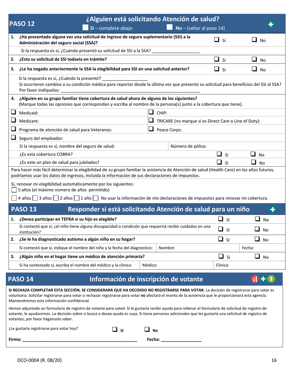 Formulario DCO-0004 Solicitud Para Beneficios De Snap, Atencion De Salud (Health Care) Y Tea / Rca - Arkansas (Spanish), Page 16