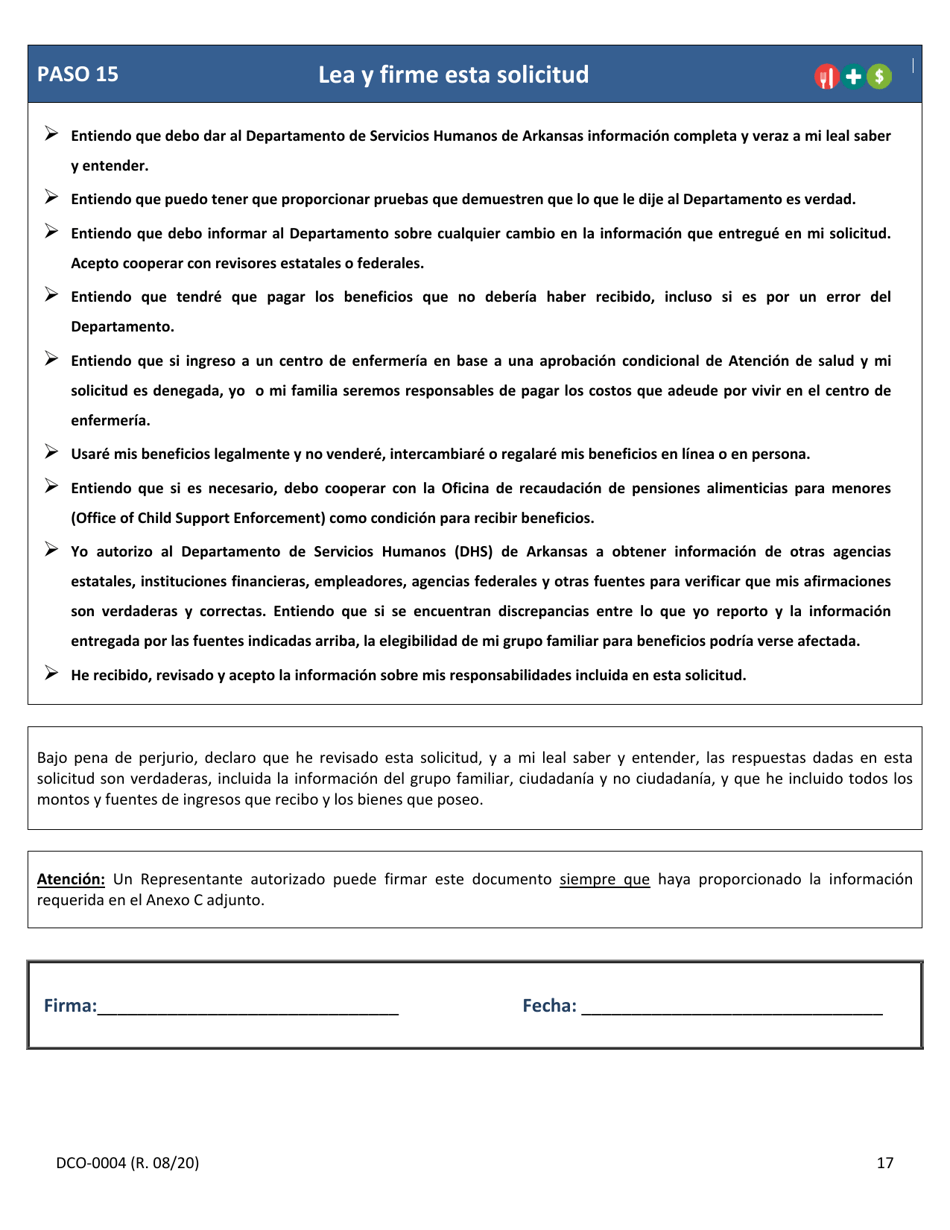 Formulario DCO-0004 Solicitud Para Beneficios De Snap, Atencion De Salud (Health Care) Y Tea / Rca - Arkansas (Spanish), Page 17