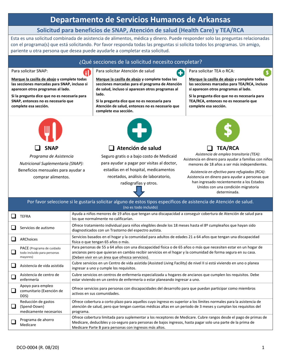 Formulario DCO-0004 Solicitud Para Beneficios De Snap, Atencion De Salud (Health Care) Y Tea / Rca - Arkansas (Spanish), Page 1