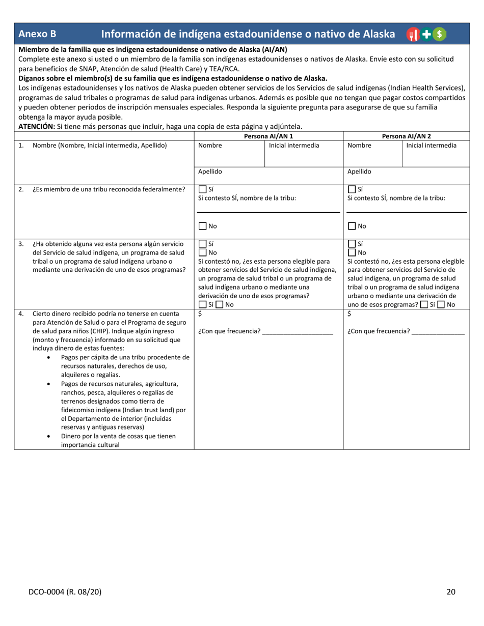 Formulario DCO-0004 Solicitud Para Beneficios De Snap, Atencion De Salud (Health Care) Y Tea / Rca - Arkansas (Spanish), Page 20