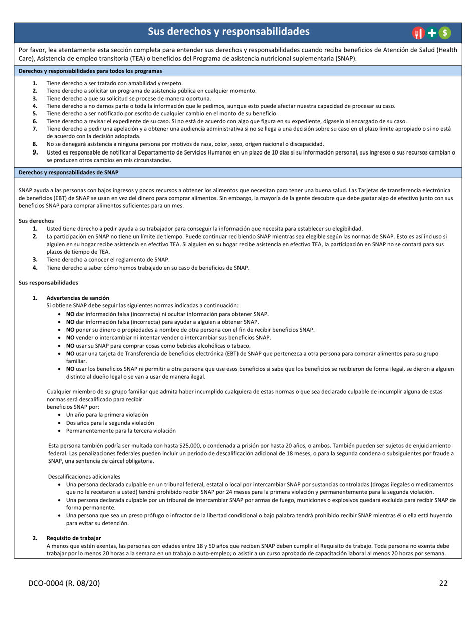 Formulario DCO-0004 Solicitud Para Beneficios De Snap, Atencion De Salud (Health Care) Y Tea / Rca - Arkansas (Spanish), Page 22