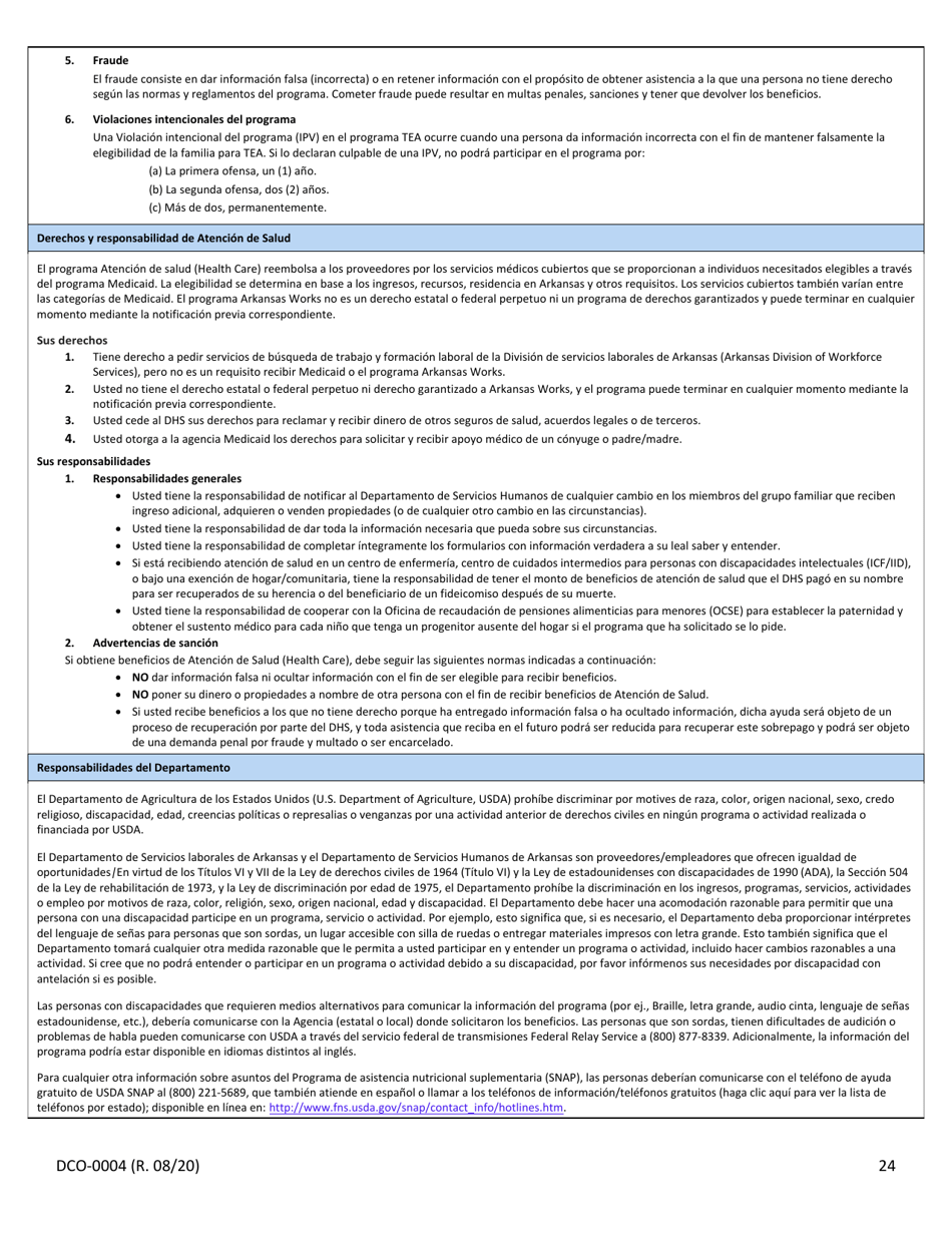 Formulario DCO-0004 Solicitud Para Beneficios De Snap, Atencion De Salud (Health Care) Y Tea / Rca - Arkansas (Spanish), Page 24