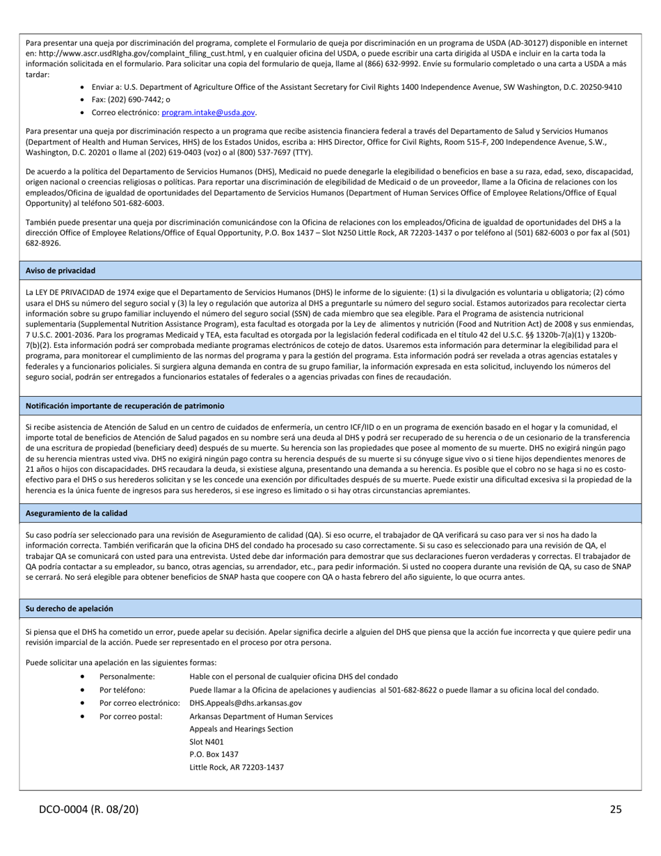 Formulario DCO-0004 Solicitud Para Beneficios De Snap, Atencion De Salud (Health Care) Y Tea / Rca - Arkansas (Spanish), Page 25
