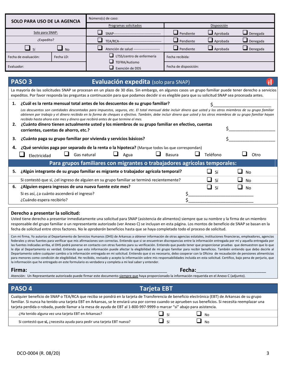 Formulario DCO-0004 Solicitud Para Beneficios De Snap, Atencion De Salud (Health Care) Y Tea / Rca - Arkansas (Spanish), Page 3