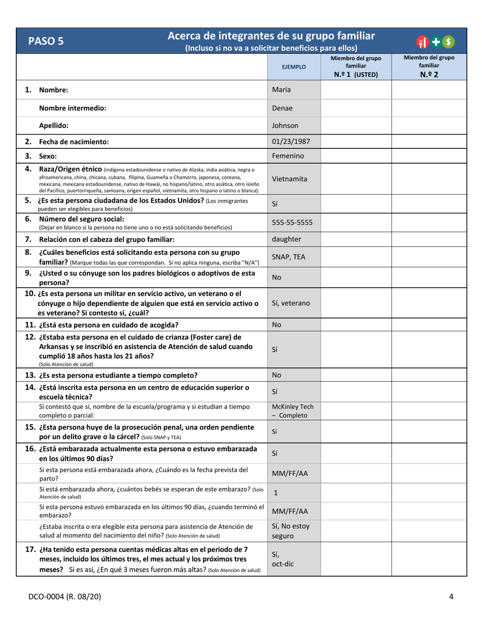 Formulario DCO-0004 Solicitud Para Beneficios De Snap, Atencion De Salud (Health Care) Y Tea / Rca - Arkansas (Spanish), Page 4