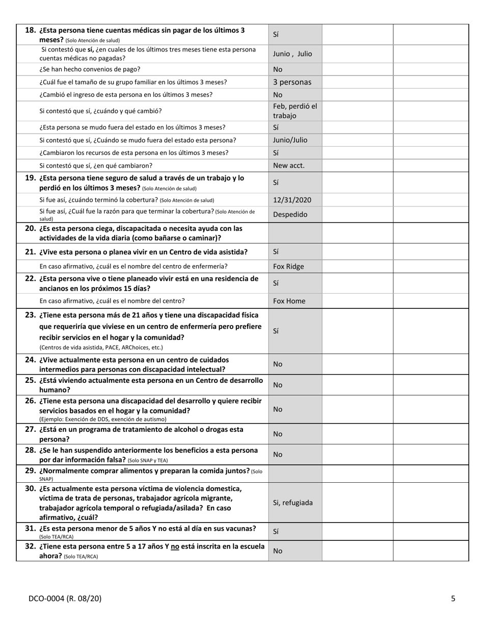 Formulario DCO-0004 Solicitud Para Beneficios De Snap, Atencion De Salud (Health Care) Y Tea / Rca - Arkansas (Spanish), Page 5