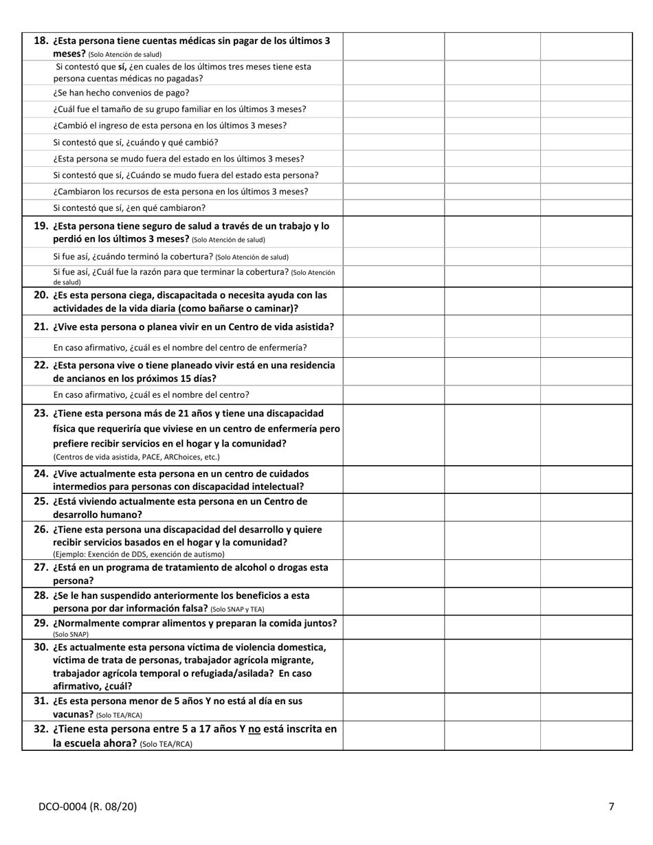 Formulario DCO-0004 Solicitud Para Beneficios De Snap, Atencion De Salud (Health Care) Y Tea / Rca - Arkansas (Spanish), Page 7