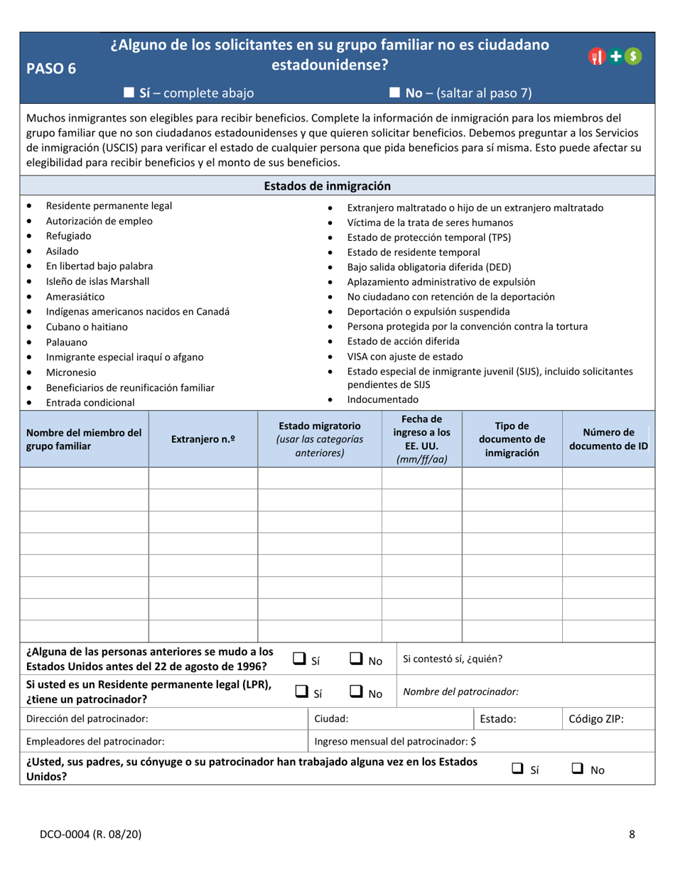 Formulario DCO-0004 Solicitud Para Beneficios De Snap, Atencion De Salud (Health Care) Y Tea / Rca - Arkansas (Spanish), Page 8