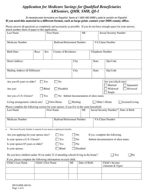 Form DCO-0808 Application for Medicare Savings for Qualified Beneficiaries - Arseniors, Qmb, Smb, Qi-1 - Arkansas