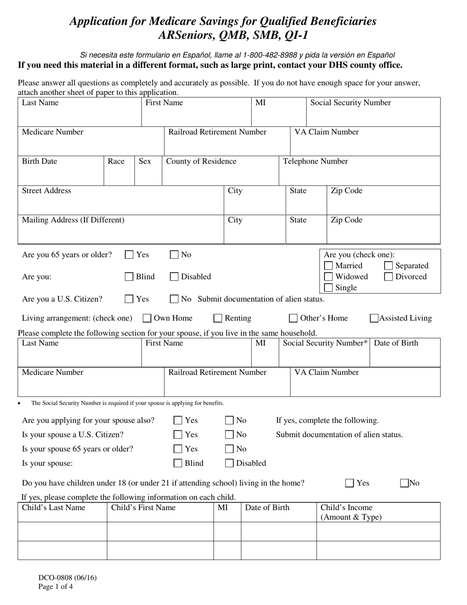 Form DCO-0808 Application for Medicare Savings for Qualified Beneficiaries - Arseniors, Qmb, Smb, Qi-1 - Arkansas, Page 1