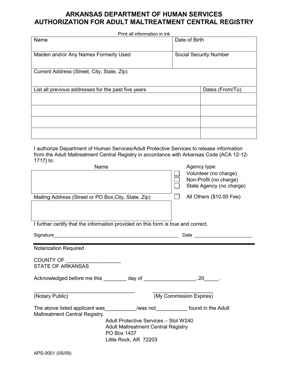 Form APS-0001 Authorization for Adult Maltreatment Central Registry - Arkansas, Page 1