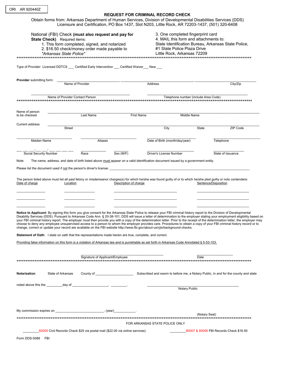 Form DDS-5088 Request for Criminal Record Check - Fbi - Arkansas, Page 1