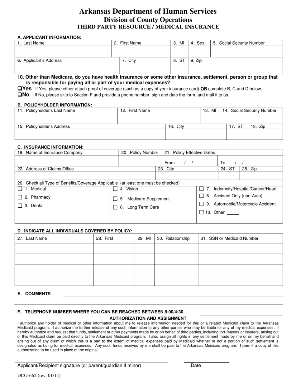 Form DCO-662 Third Party Resource / Medical Insurance - Arkansas, Page 1