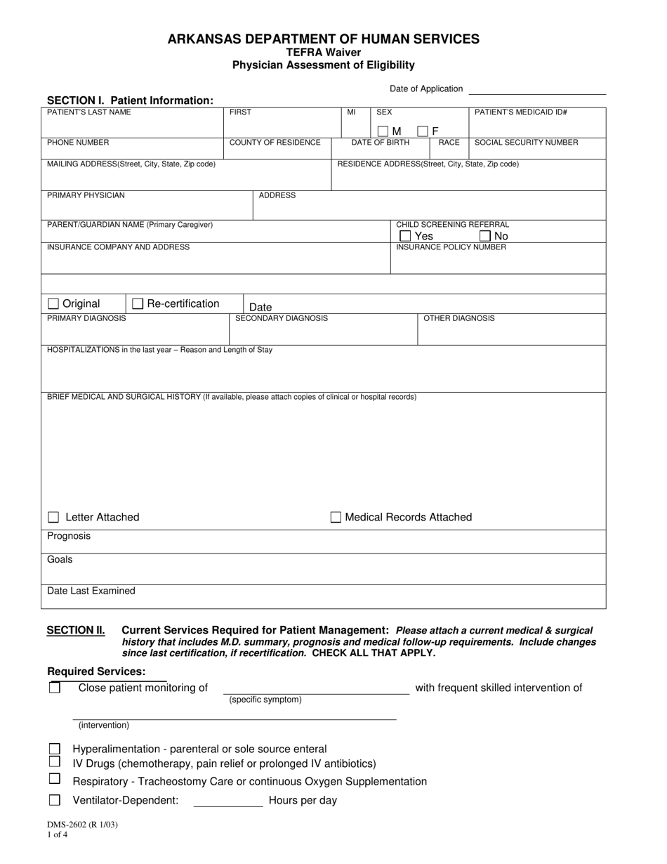 Form DMS-2602 Tefra Waiver - Physician Assessment of Eligibility - Arkansas, Page 1