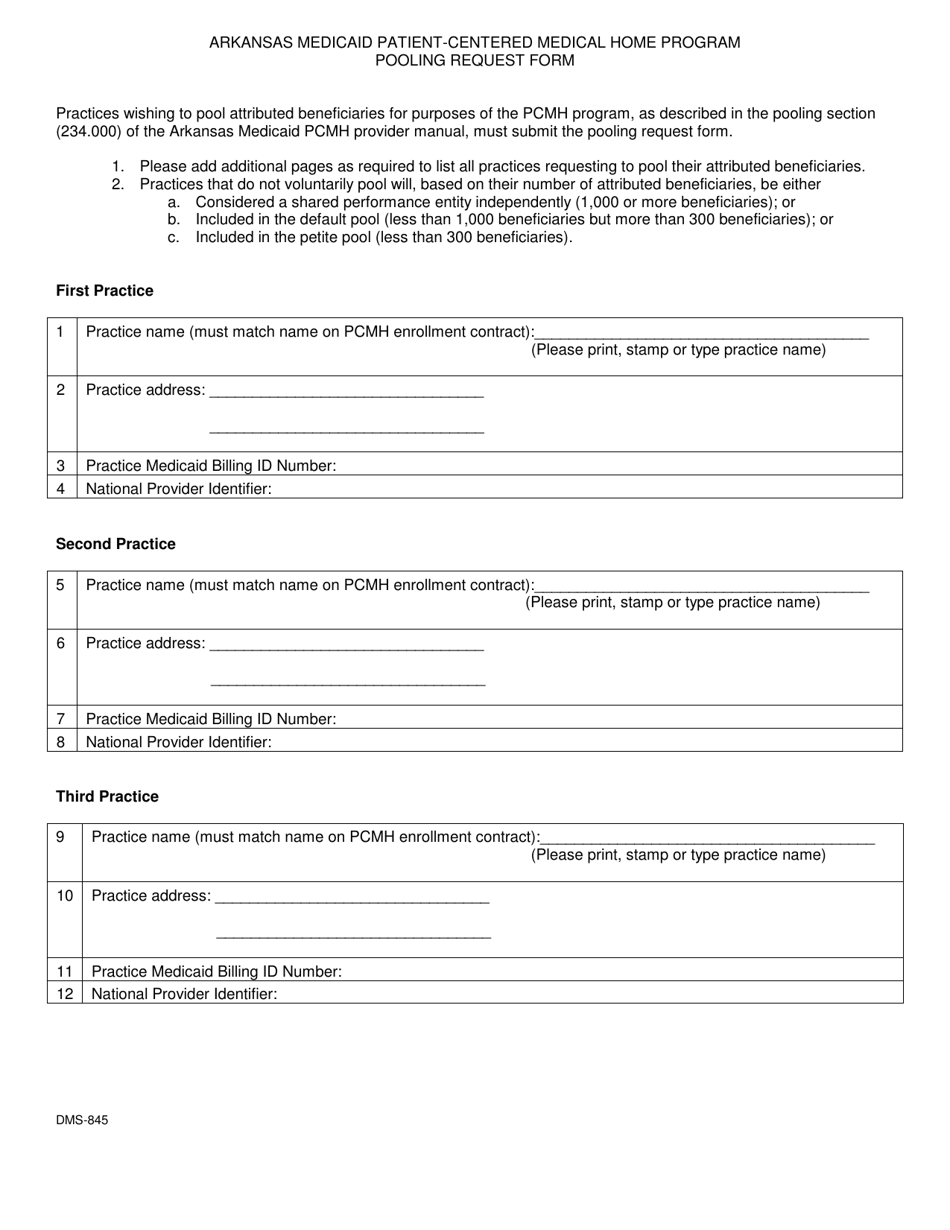 Form DMS-845 Arkansas Medicaid Patient-Centered Medical Home Program Pooling Request Form - Arkansas, Page 1