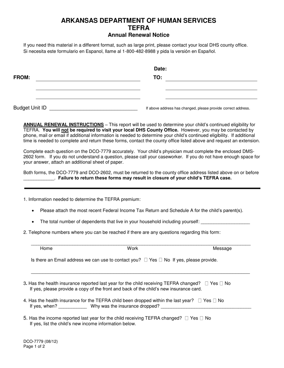 Form DCO-7779 Tefra Annual Renewal Notice - Arkansas, Page 1