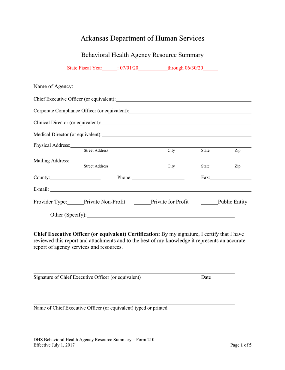 Form 210 Behavioral Health Agency Resource Summary - Arkansas, Page 1