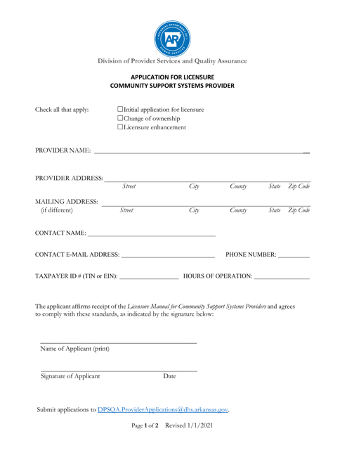 Application for Licensure Community Support Systems Provider - Arkansas Download Pdf