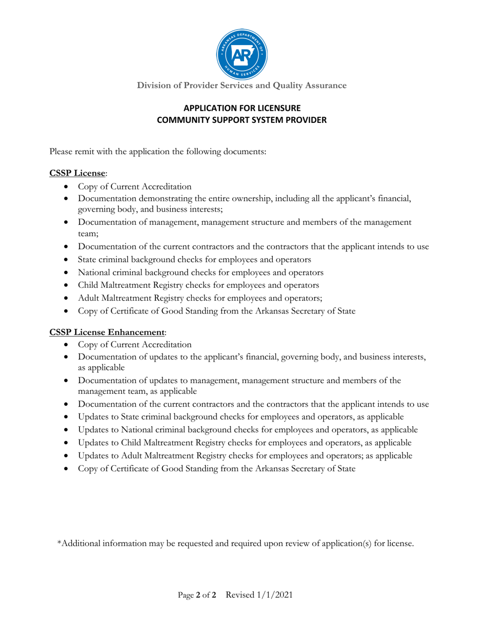 Application for Licensure Community Support Systems Provider - Arkansas, Page 2