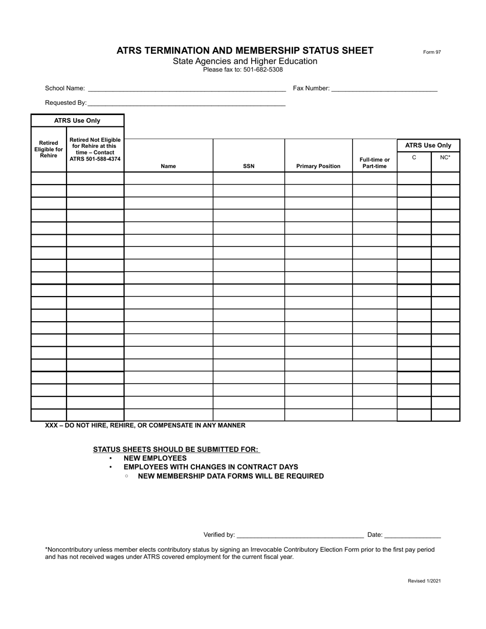 Form 97 Atrs Termination and Membership Status Sheet - State Agencies and Higher Education - Arkansas, Page 1