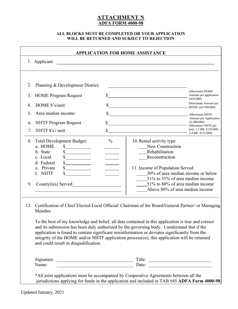 ADFA Form 4000-98 Attachment N Application for Home Assistance - Arkansas, Page 1
