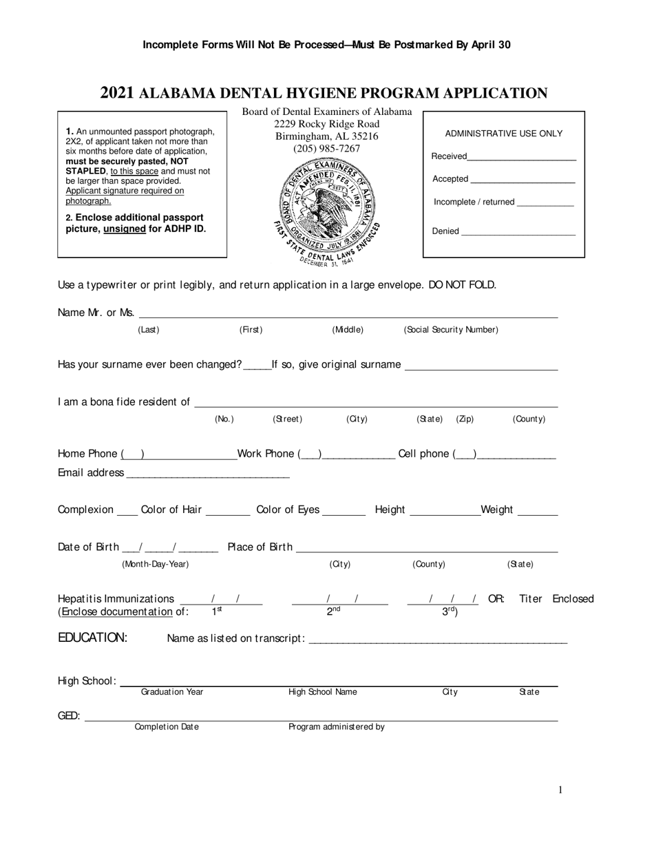 Alabama Dental Hygiene Program Application - Alabama, Page 1