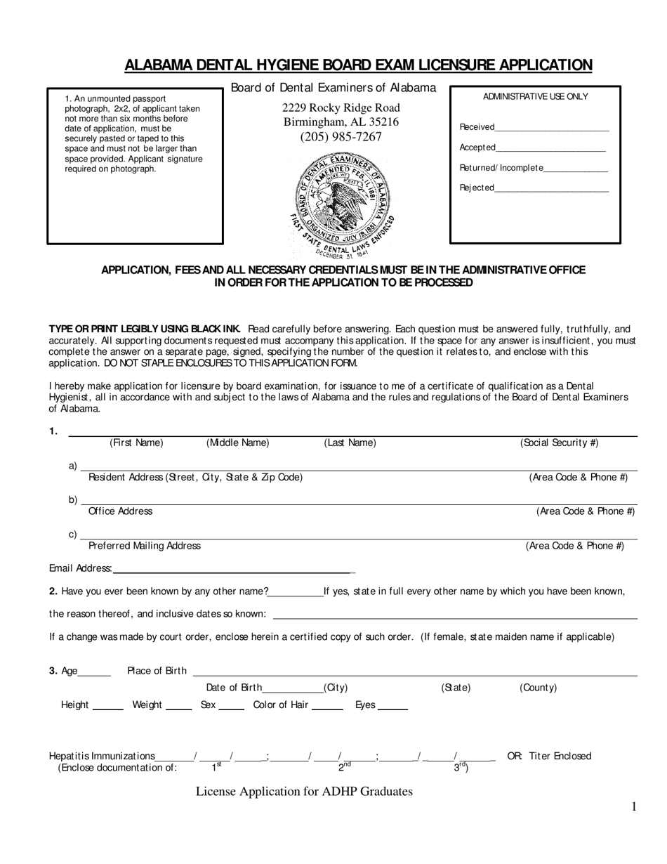 Alabama Alabama Dental Hygiene Board Exam Licensure Application Fill