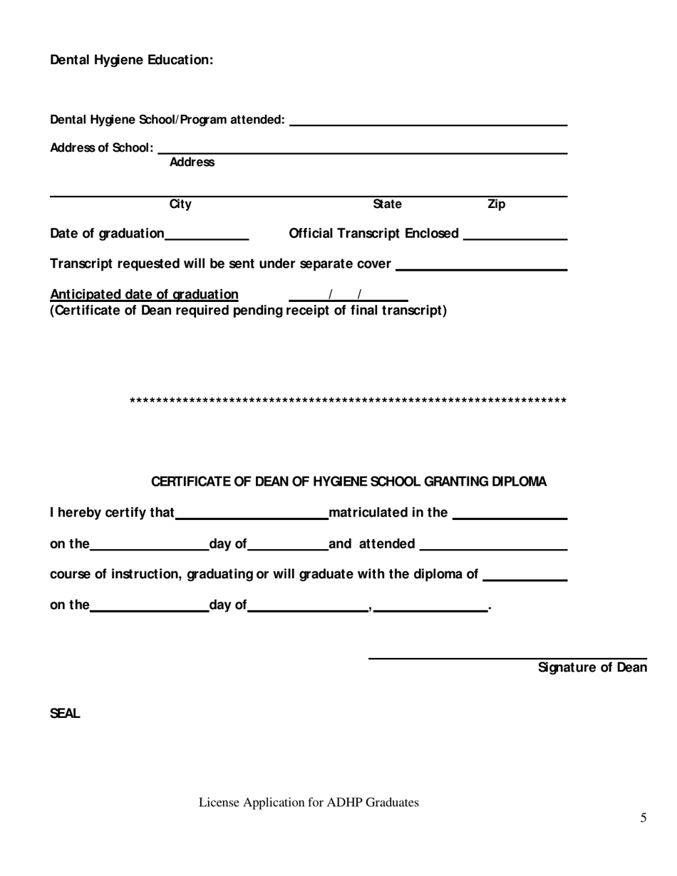 Alabama Dental Hygiene Board Exam Licensure Application - Alabama, Page 5