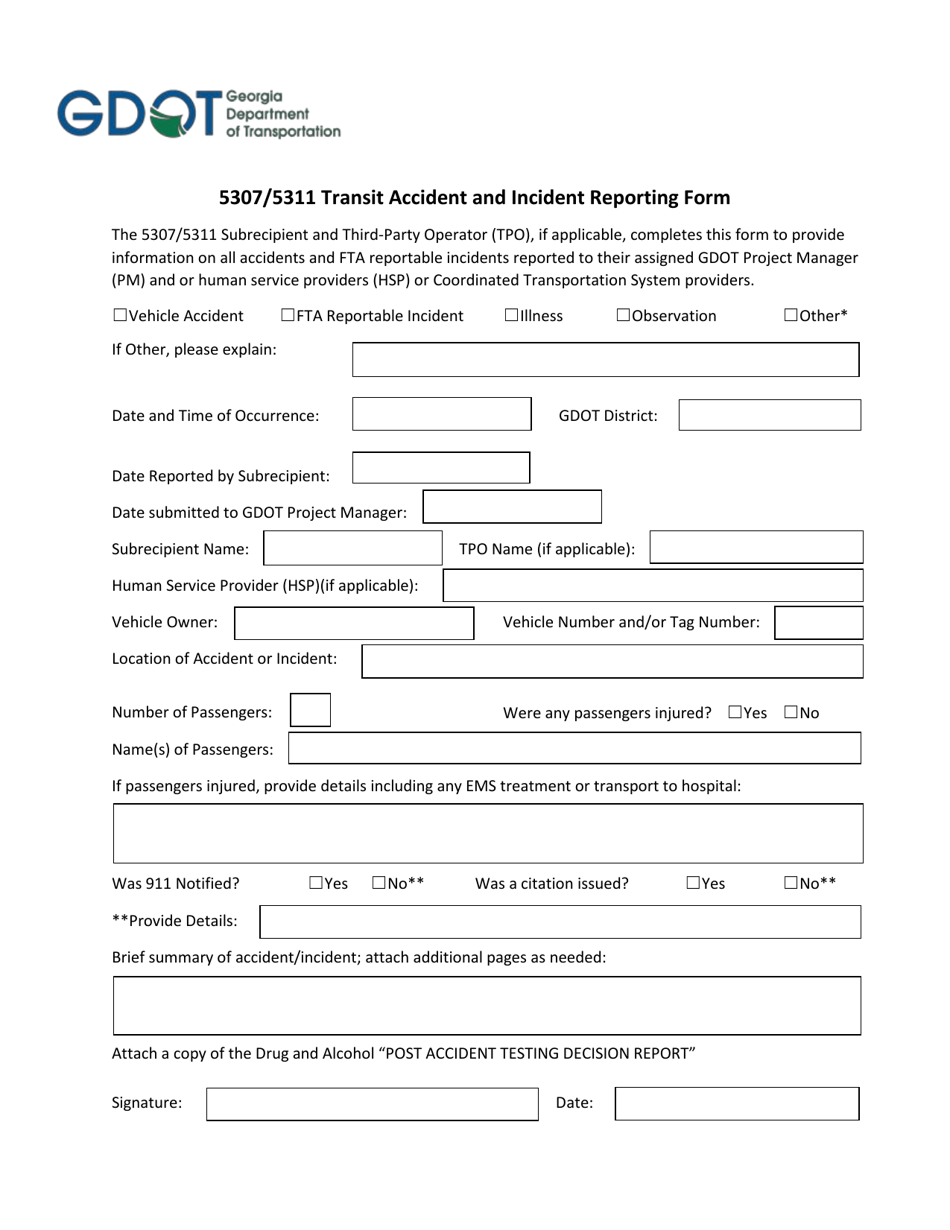 5307 / 5311 Transit Accident and Incident Reporting Form - Georgia (United States), Page 1