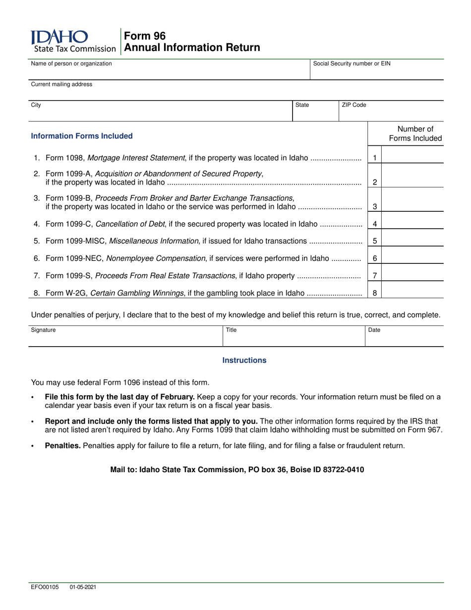 Form 96 (EFO00105) Annual Information Return - Idaho, Page 1