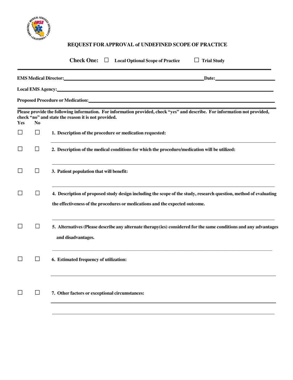 Form EMSA-0391 Request for Approval of Undefined Scope of Practice - California, Page 1