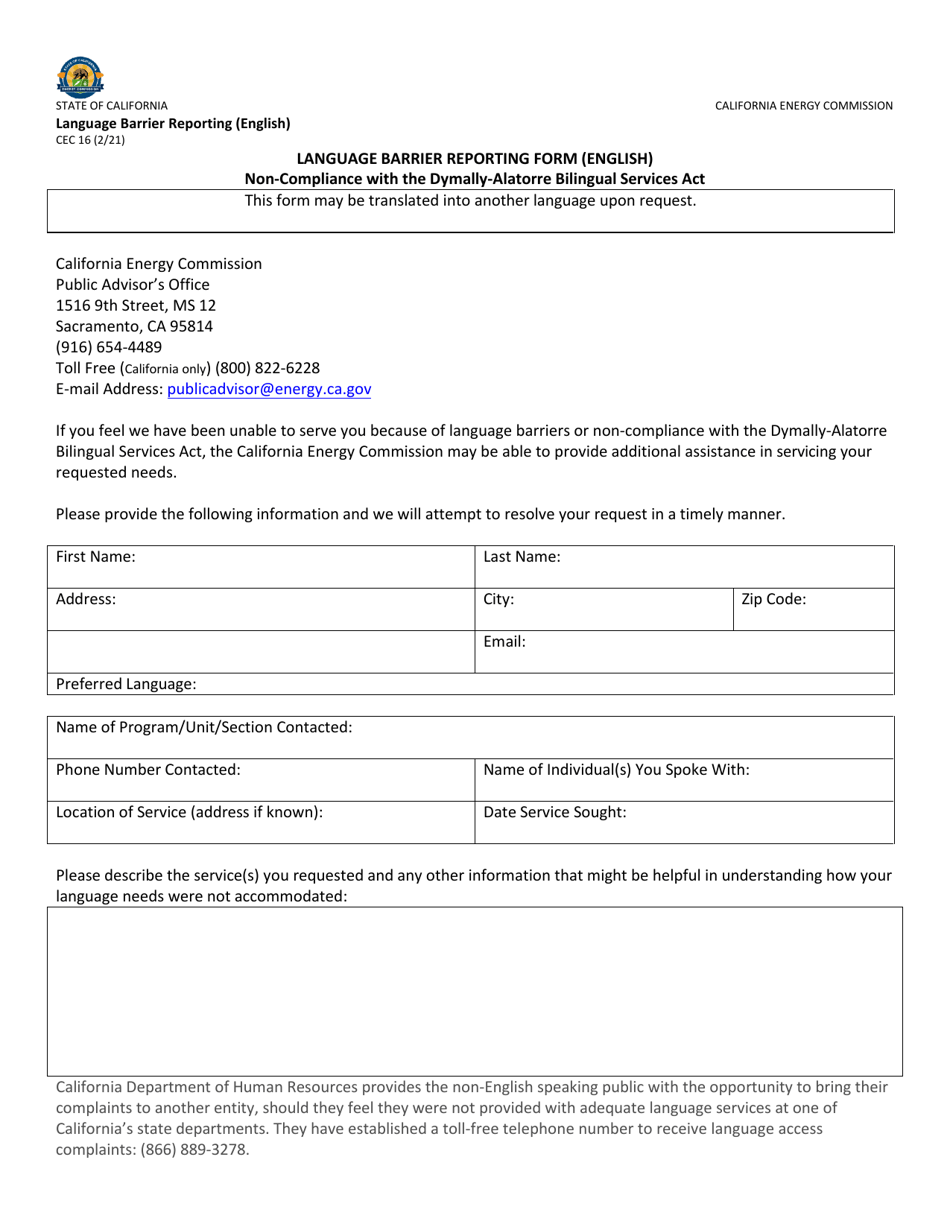 Form CEC16 Language Barrier Reporting Form - California, Page 1