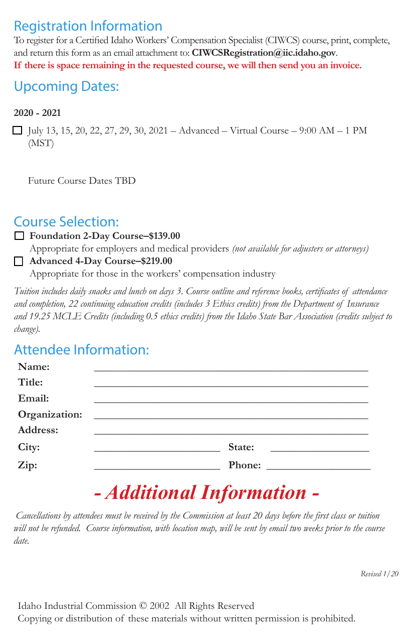 Certified Idaho Workers' Compensation Specialist (Ciwcs) Registration Form - Idaho Download Pdf