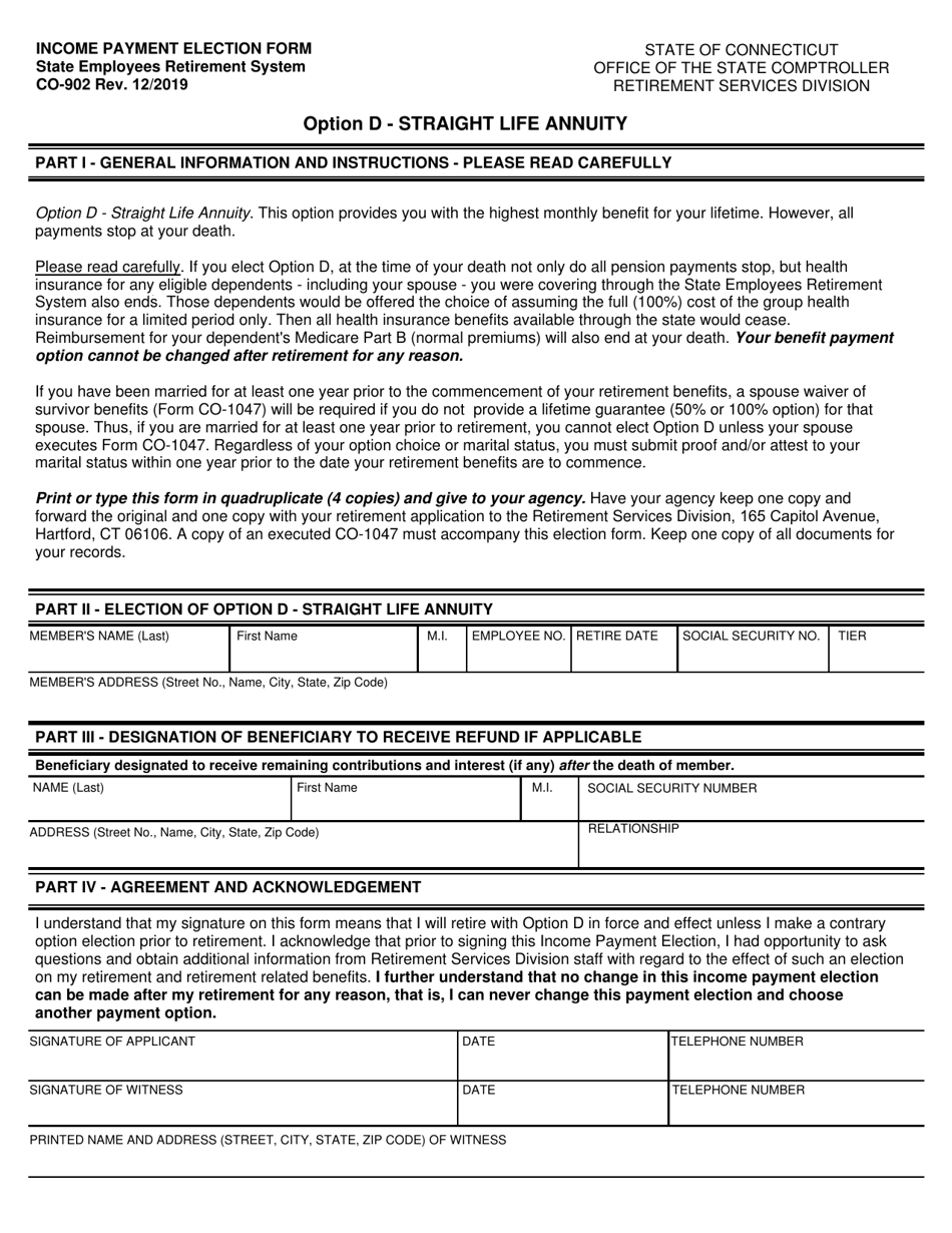 Form CO-902 Income Payment Election Form - Option D - Straight Life Annuity - Connecticut, Page 1