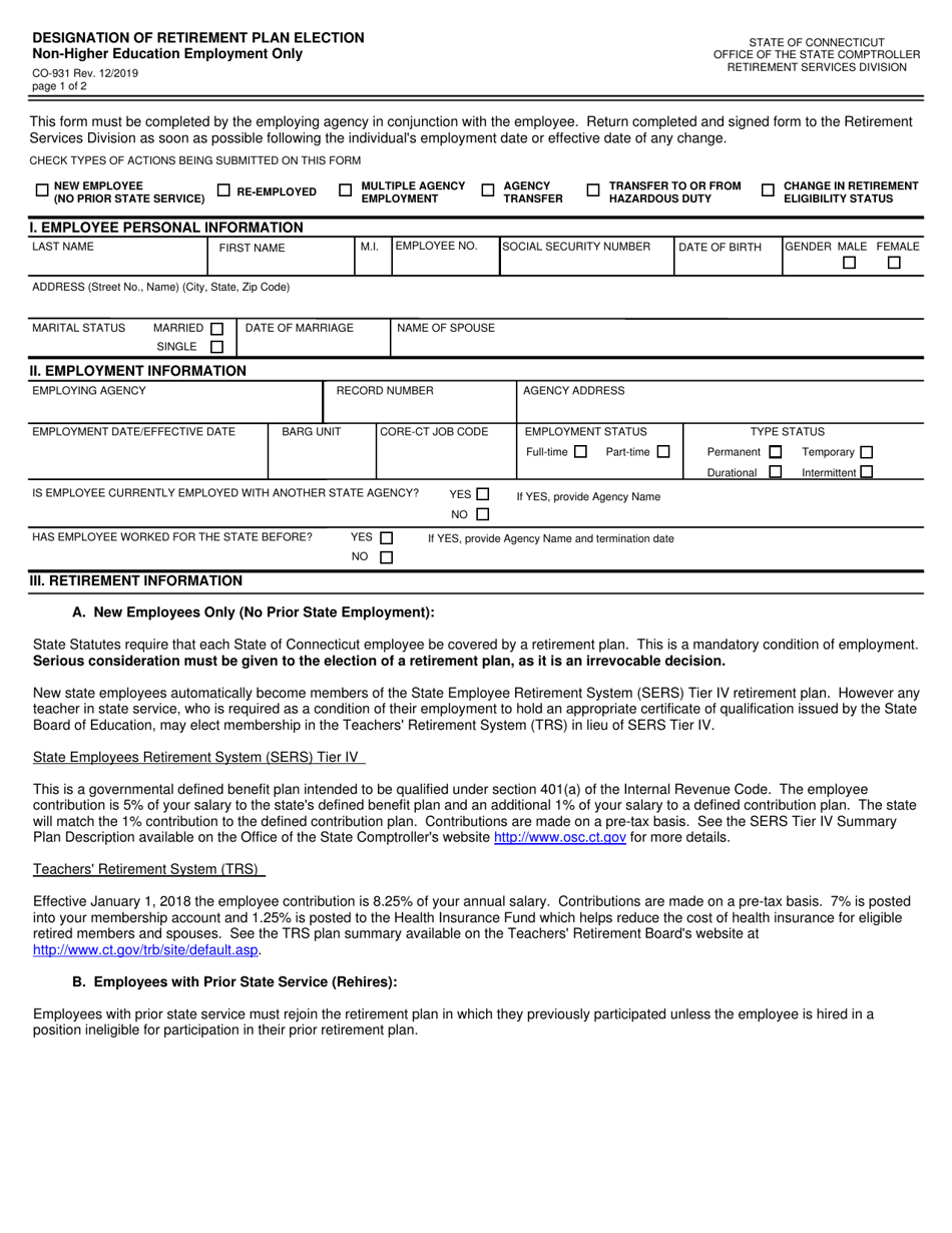 Form CO-931 Designation of Retirement Plan Election - Non-higher Education Employment Only - Connecticut, Page 1
