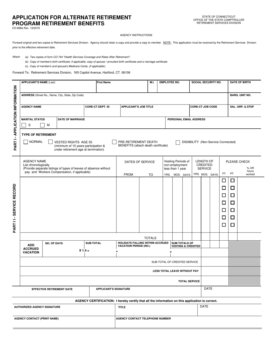 Form CO-898A Application for Alternate Retirement Program Retirement Benefits - Connecticut, Page 1