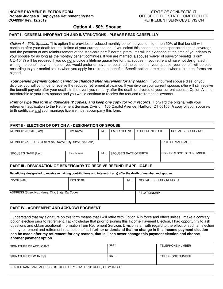 Form CO-899P Income Payment Election Form - Option a - 50% Spouse - Connecticut, Page 1