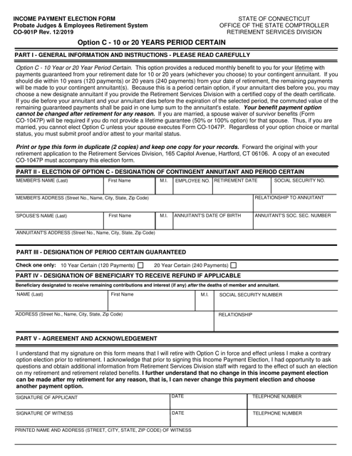 Form CO-901P Income Payment Election Form - Option C - 10 to 20 Years Period Certain - Connecticut
