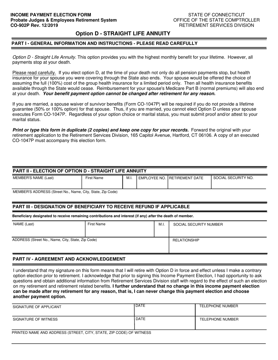Form CO-902P Income Payment Election Form - Option D - Straight Life Annuity - Connecticut, Page 1