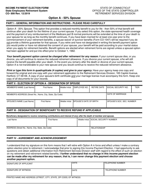 Form CO-899 Income Payment Election Form - Option a - 50% Spouse - Connecticut