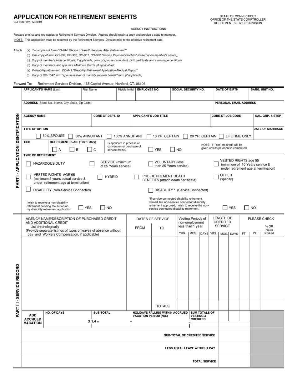 Form CO-898 Application for Retirement Benefits - Connecticut, Page 1