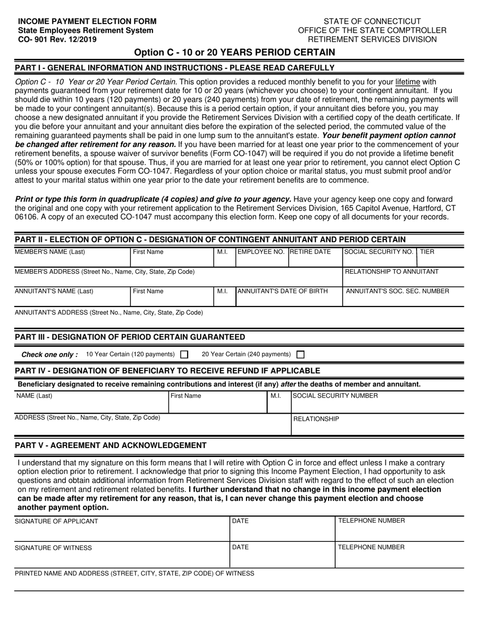 Form CO-901 Income Payment Election Form - Option C - 10 to 20 Years Period Certain - Connecticut, Page 1