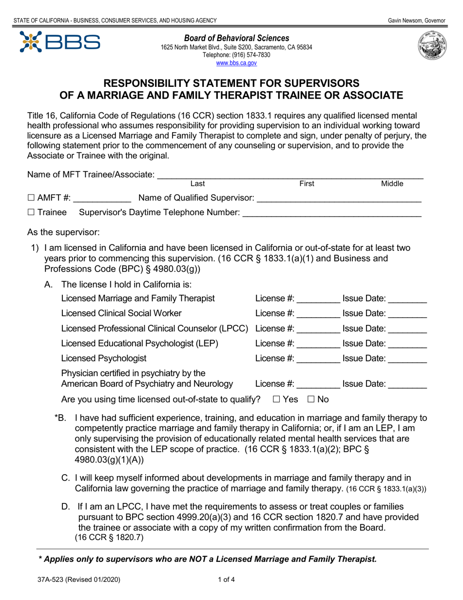 Form 37A-523 Responsibility Statement for Supervisors of a Marriage and Family Therapist Trainee or Associate - California, Page 1