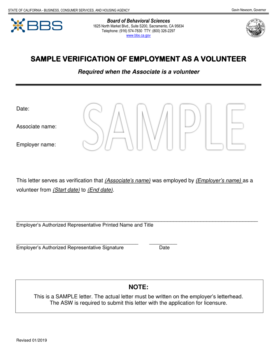 Sample Verification of Employment as a Volunteer - California, Page 1