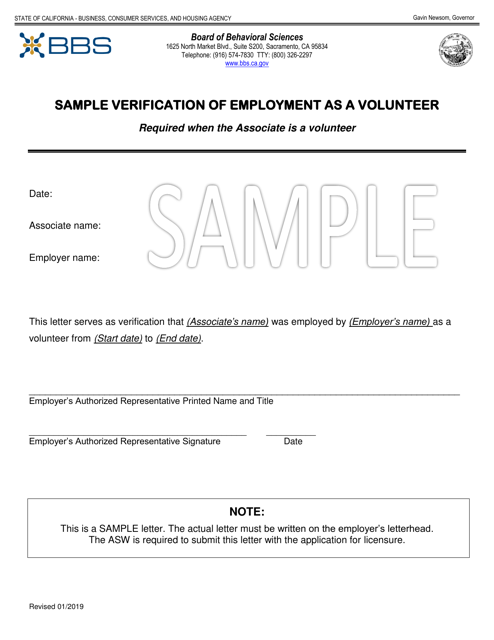 Sample Verification of Employment as a Volunteer - California