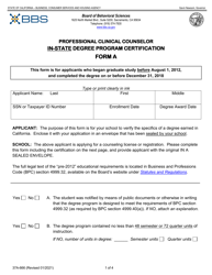 Document preview: Form A (37A-666) Professional Clinical Counselor in-State Degree Program Certification - California