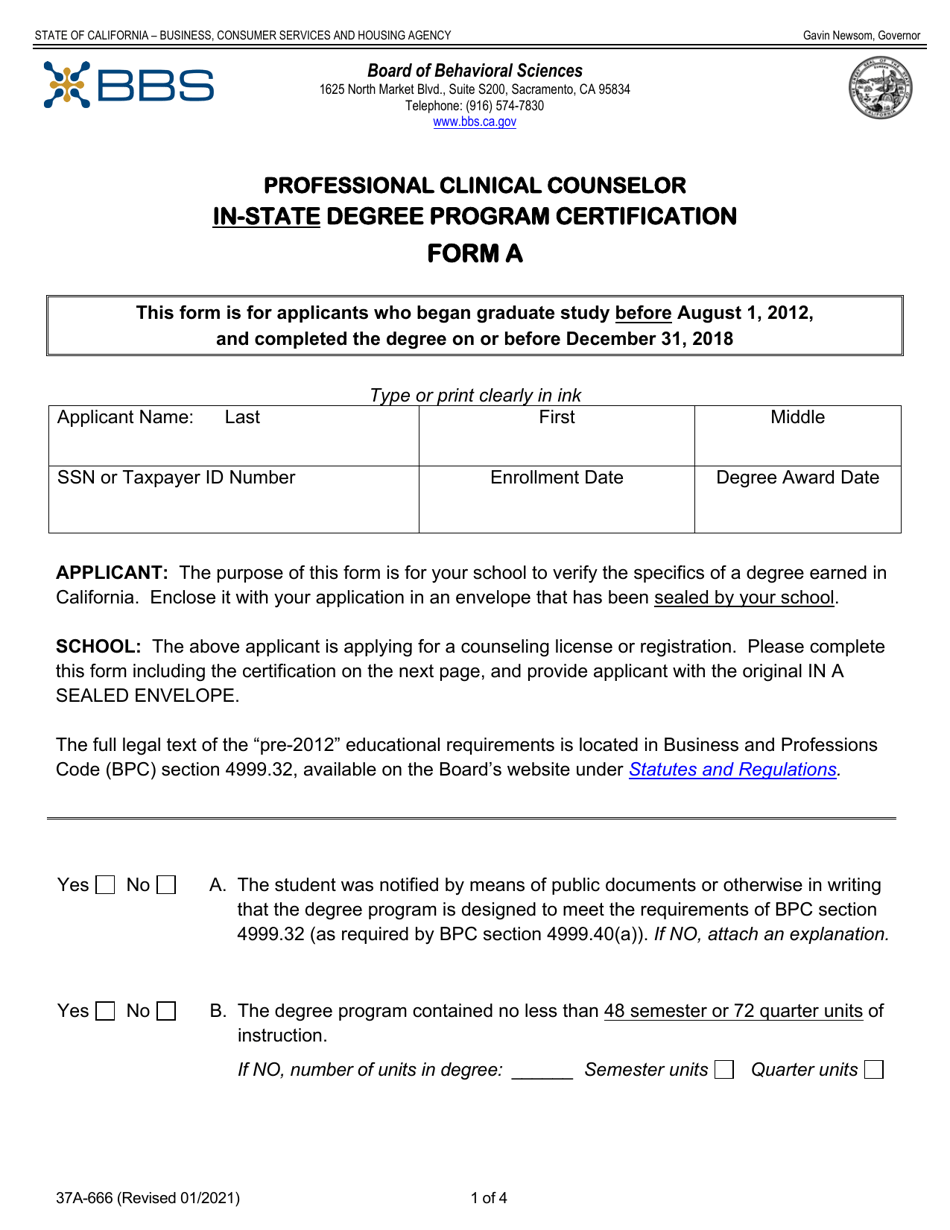 Form A (37A-666) Professional Clinical Counselor in-State Degree Program Certification - California, Page 1