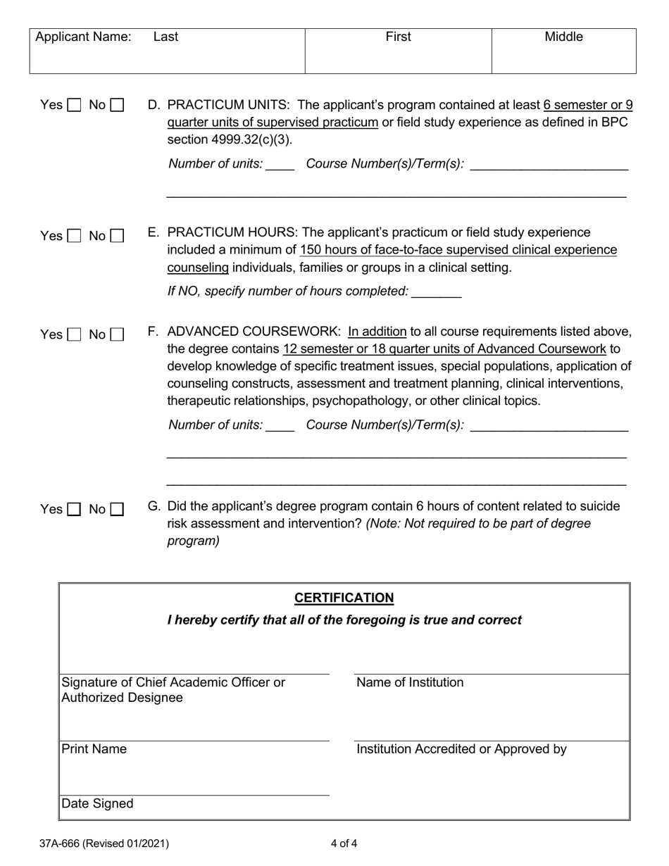 Form A (37A-666) Professional Clinical Counselor in-State Degree Program Certification - California, Page 4